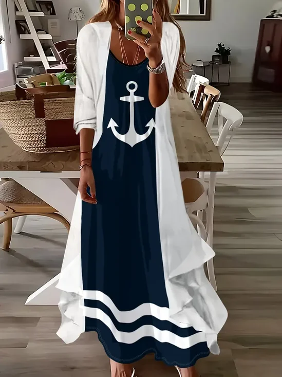 Women's Anchor Spring Print Two Piece Dress Set