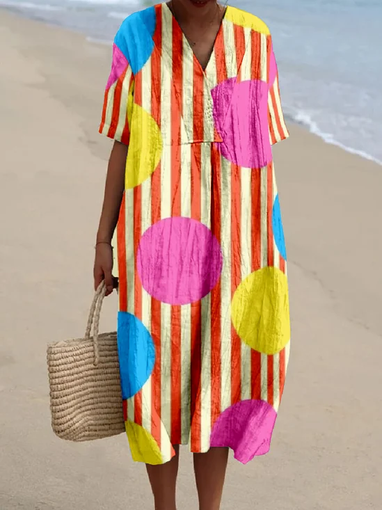 Loose Cotton-Blend Multicolor Block Vintage Dress With No