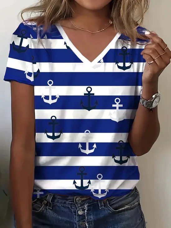 Women's Anchor Stripe Print V-Neck Short Sleeve T-Shirt