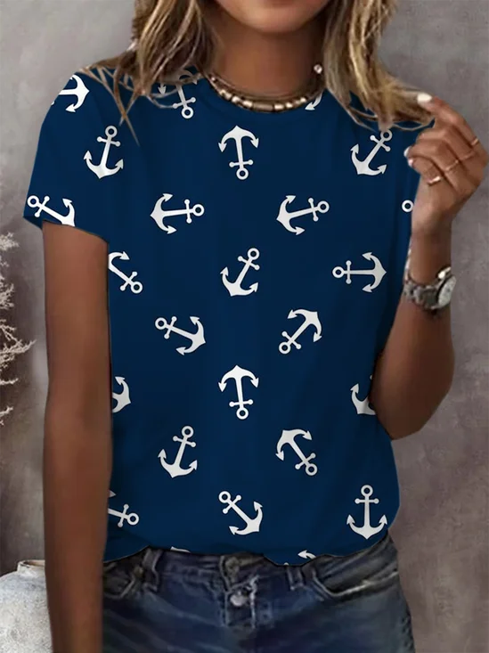Women's Anchor Print Crew Neck Short Sleeve T-Shirt