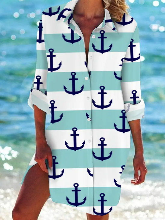 Women's Anchor Stripe Print Spring Summer Long Sleeve Shirt