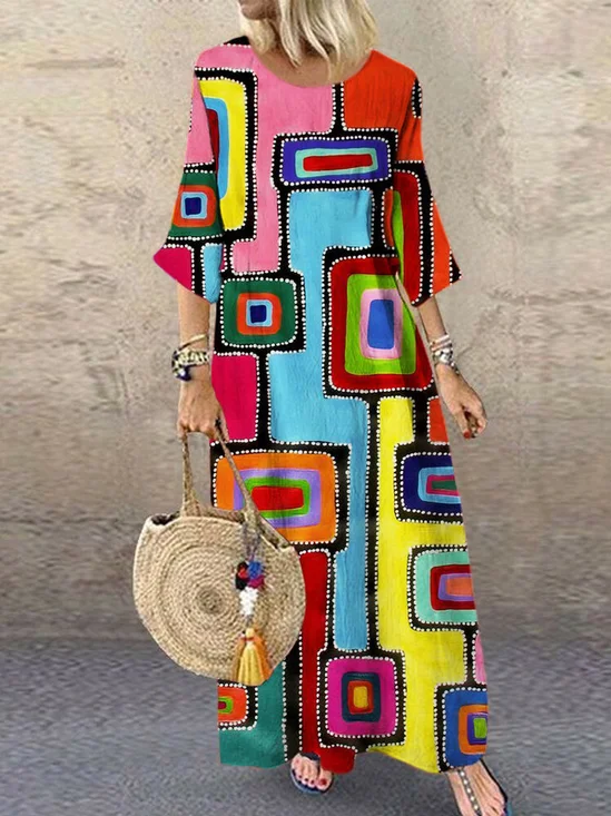 Crew Neck Regular Fit Vintage Cotton Dress With No Belt