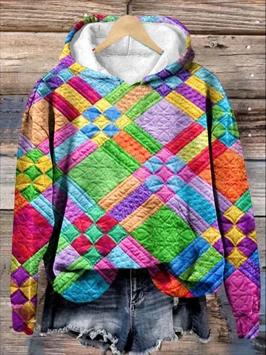 Colorful Checkered Print Casual Hoodie Sweatshirt