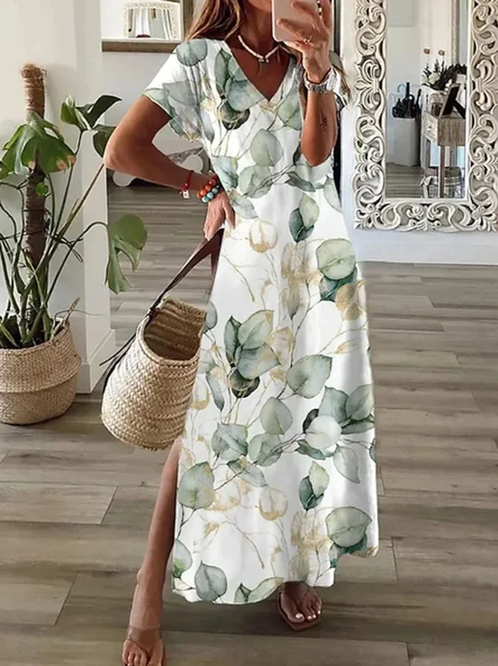 Women's Floral Spring Short Sleeve V-Neck Slit Dress