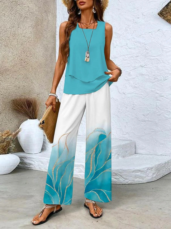 Women's Abstract Spring Print Casual Tank Top Pants Two Piece Suit