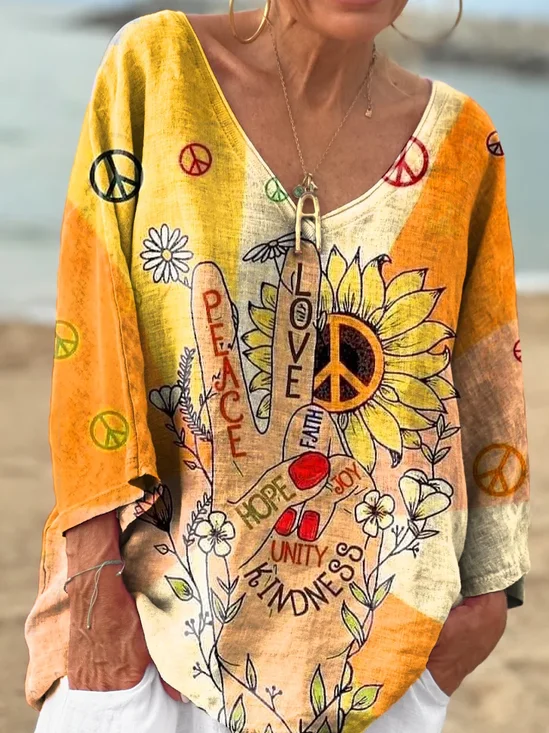 Women's Hippie Peace Love Art Print Casual V-neck Long Sleeve Comfortable Cotton T-shirt