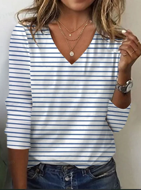 Women's Striped Spring Print Casual V-Neck Long Sleeve T-Shirt