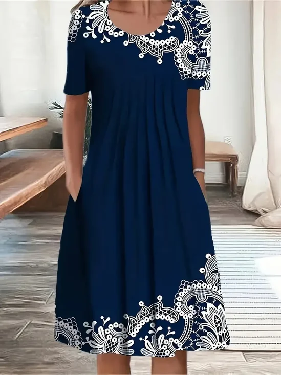 Women's Short Sleeve Summer Purplish blue Floral Printing Crew Neck Daily Going Out Casual Midi H-Line Fit & Flare Dress Dress