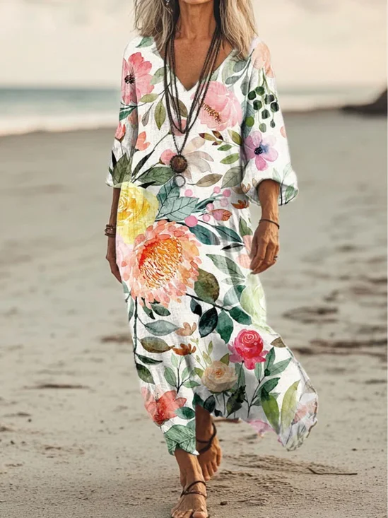 Floral Casual V Neck Dress With No Belt