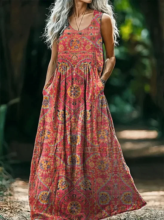 Women's Sleeveless Summer As Picture Floral Printing Crew Neck Daily Going Out Casual Maxi H-Line Tank Dress