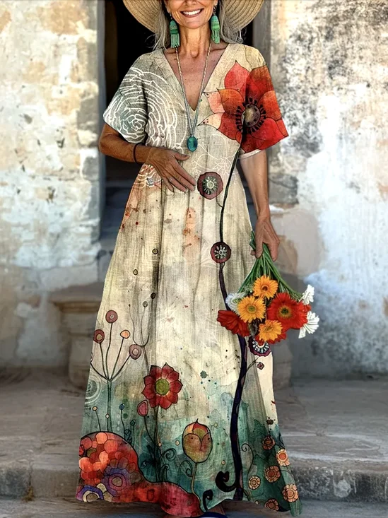 V Neck Casual Cotton Floral Dress With No Belt