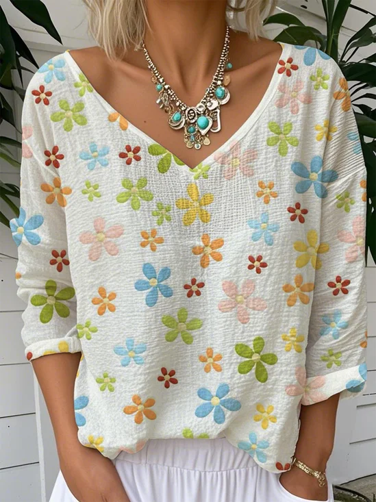 V Neck Floral Vintage Jersey T-Shirt