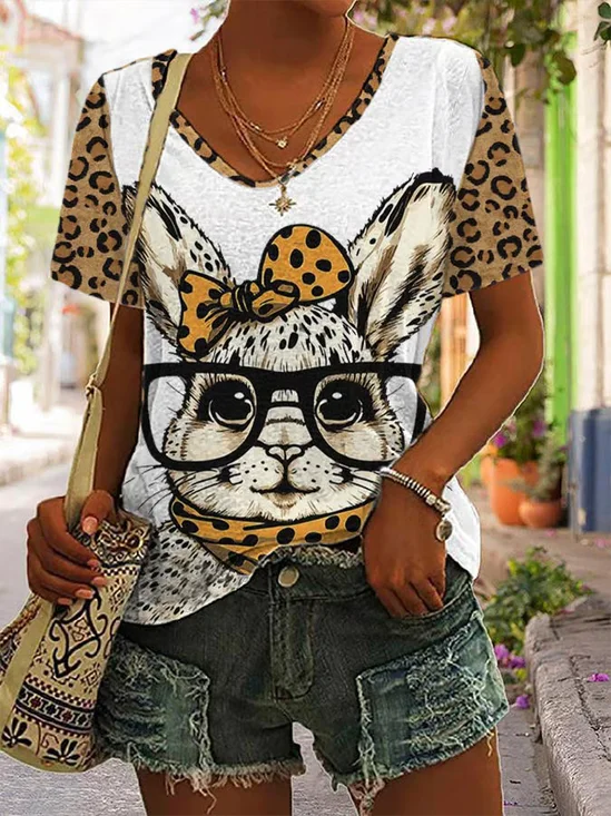 Women's Easter Cute Bunny Leopard Print Casual Cotton Blend V-Neck T-Shirt