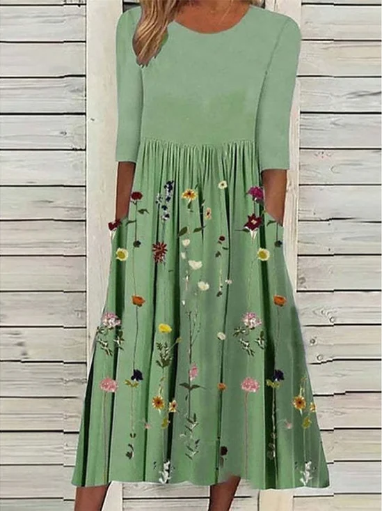 Women's Short Sleeve Summer Green Floral Printing Crew Neck Daily Going Out Casual Maxi H-Line Shift Dress Dress