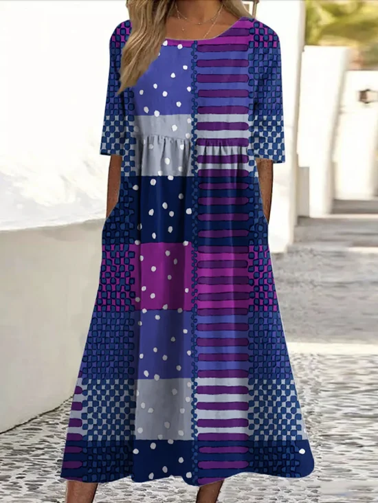 Casual Cotton Geometric Crew Neck Dress With No