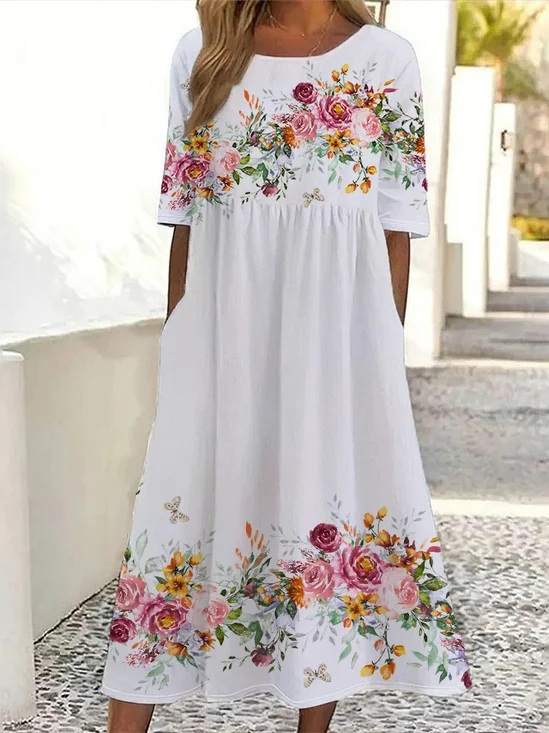 Women's Short Sleeve Summer White Floral Printing Crew Neck Daily Going Out Casual Maxi H-Line Shift Dress Dress