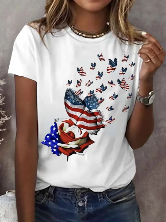 Women's July 4th Independence Day Flag Printed Round Neck Short Sleeve T-Shirt