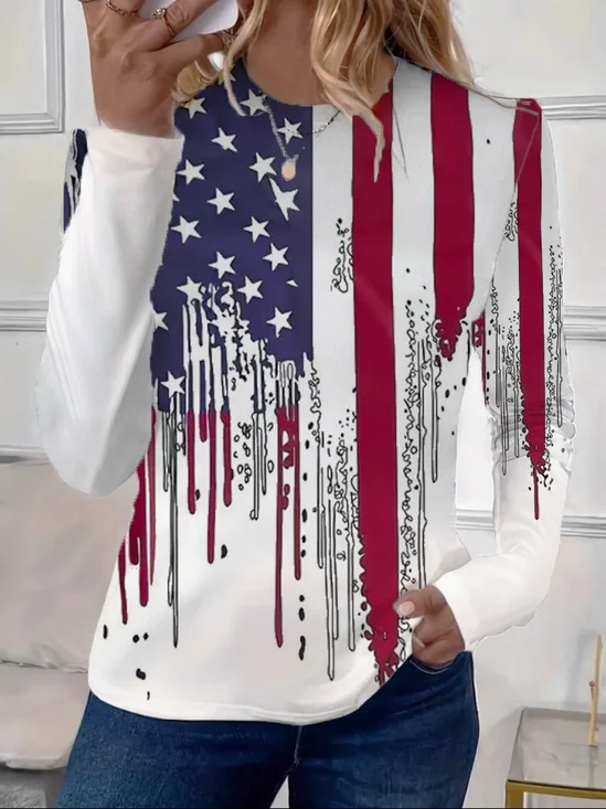 Women's July 4th Independence Day Flag Print Round Neck Long Sleeve T-Shirt