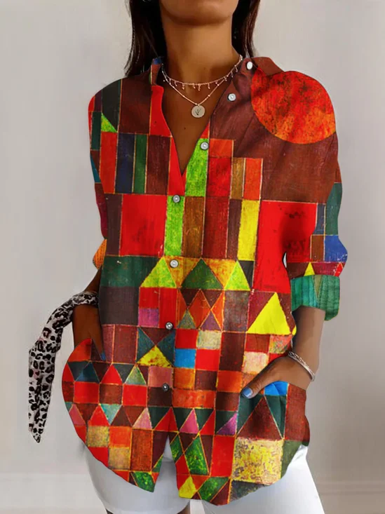 Cotton Geometric Casual Shirt Collar Shirt
