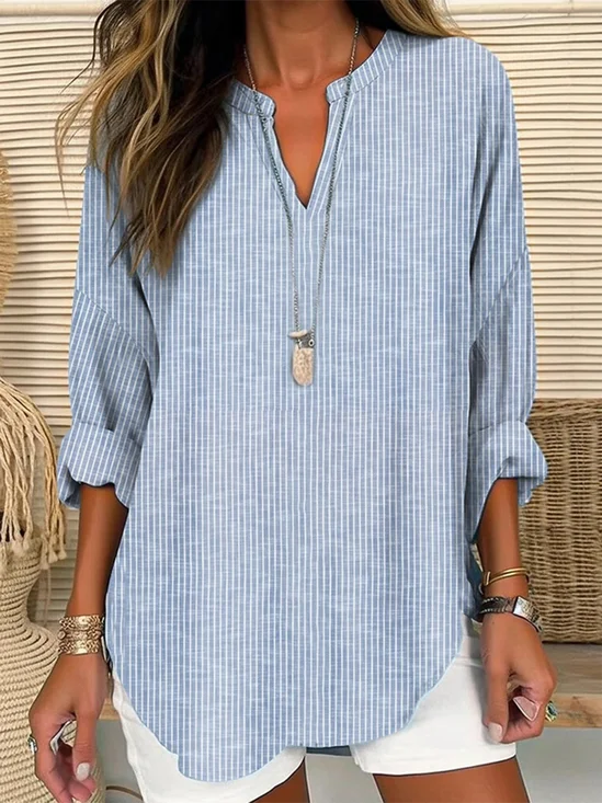 Retro Casual V Neck Striped Shirt