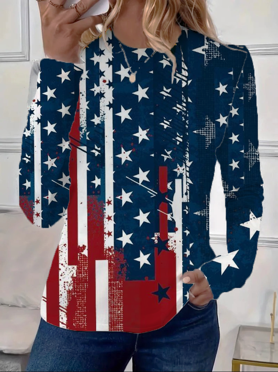 Women's July 4th Independence Day Flag Print Round Neck Long Sleeve T-Shirt