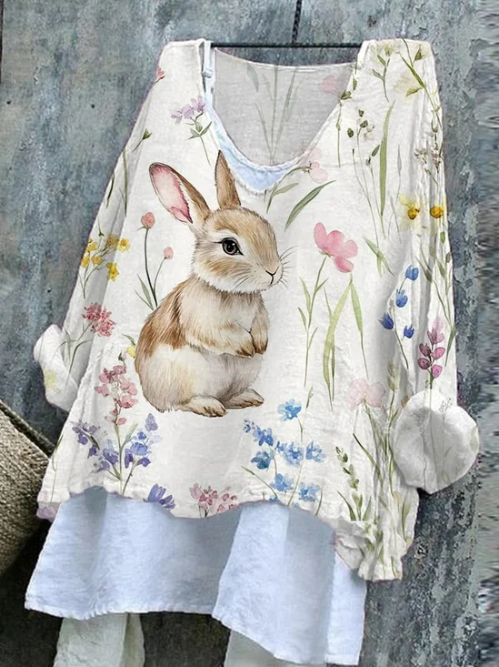 Linen Easter Cotton V Neck T-Shirt