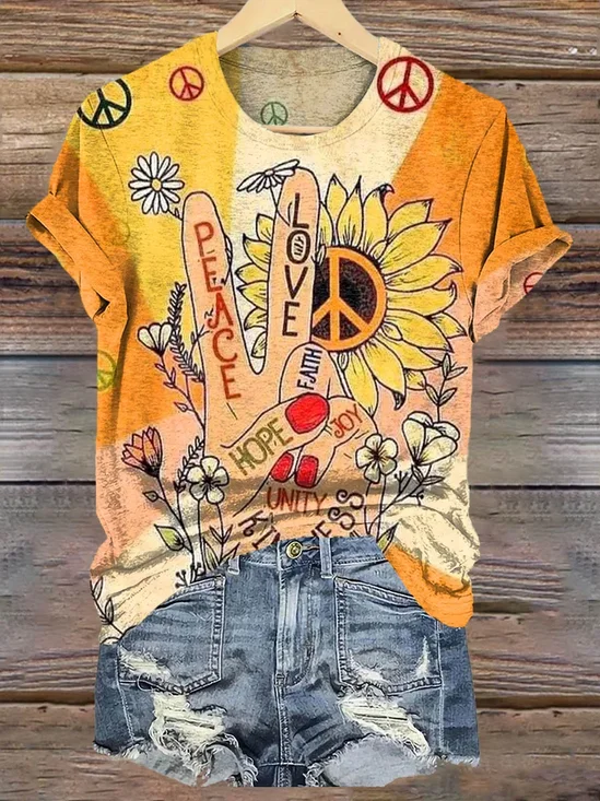 Casual Geometric Crew Neck Cotton T-Shirt
