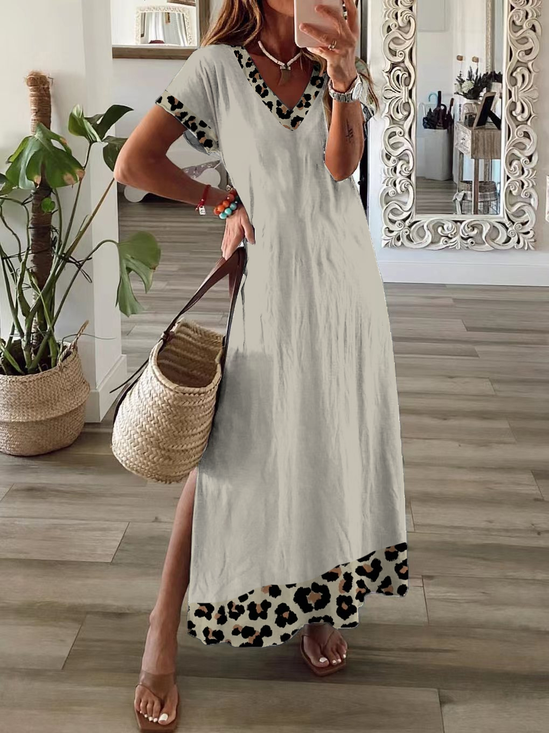 Women's Floral Spring Print Casual V-Neck Short Sleeve Slit Dress