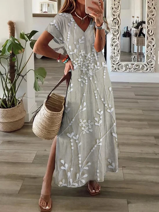 Women's Floral Spring Print Casual V-Neck Short Sleeve Slit Dress