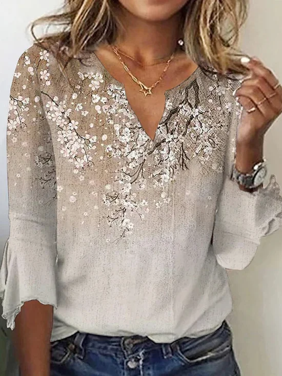 Floral Casual Notched Three Quarter Shirt