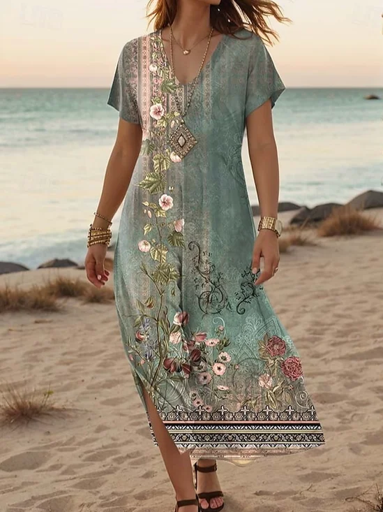 Women's Retro Art Print Hem Side Slit V-Neck Long Dress