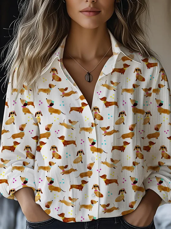 Women's Cute Dog Watercolor Print Casual Shirt