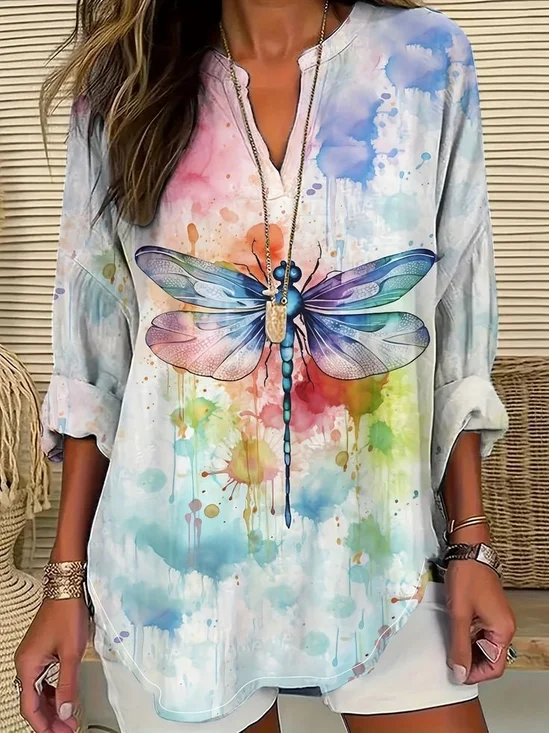 Women's Dragonfly Print Spring V-Neck Casual Shirt