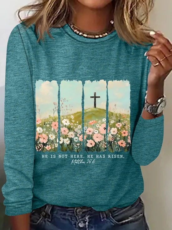He Is Risen Png Wildflower Spring Easter Casual Long Sleeve Shirt