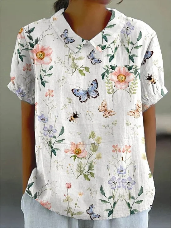 Elegant Shawl Collar Animal Cotton Blouse