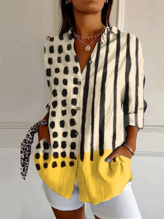 Women's Long Sleeve Shirt Spring/Fall As Picture Abstract Buckle Shirt Collar Daily Going Out Casual Top