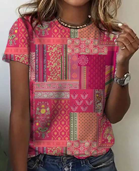 Women's Vintage Bohemian Floral Print Cotton T-Shirt