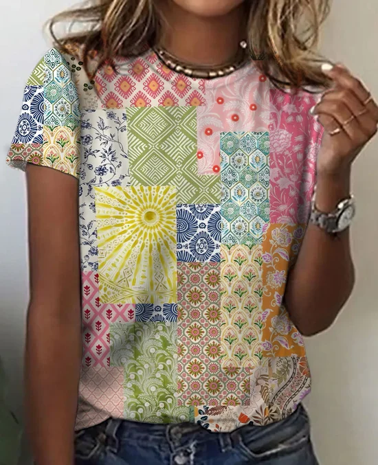 Women's Vintage Bohemian Floral Print Cotton T-Shirt