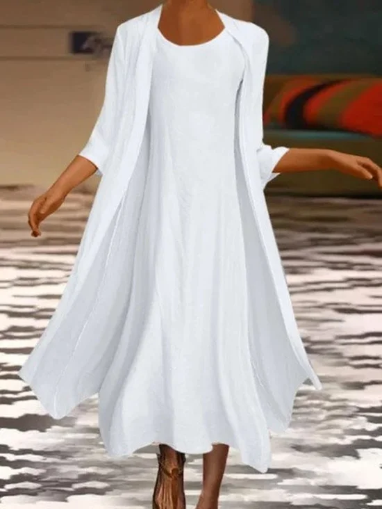 Casual Round Neck Dress With Coat Two-Piece Set