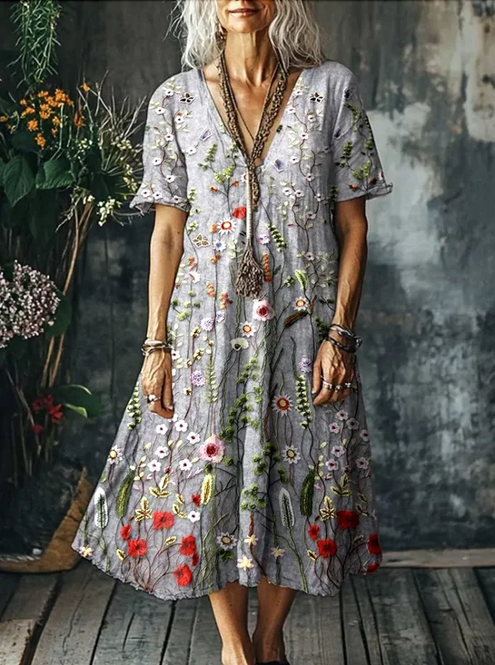 Casual V Neck Cotton Floral Dress With No