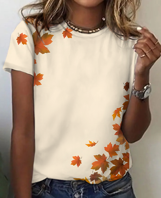 Ladies Maple Leaf Print Cotton T-Shirt