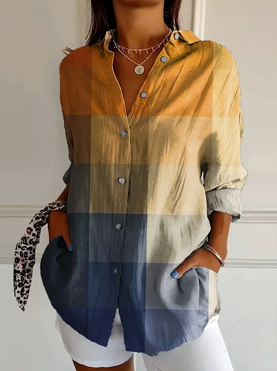 Women's Long Sleeve Shirt Spring/Fall As Picture Plaid Buckle Shirt Collar Daily Going Out Casual Top