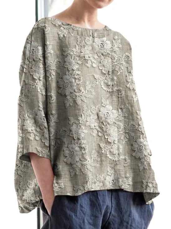 Cotton Crew Neck Casual Floral T-Shirt