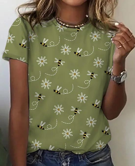 Women's Floral Bee Art Print Cotton T-Shirt