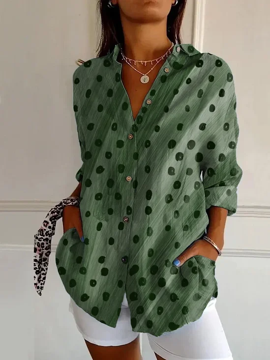 Women's Long Sleeve Shirt Spring/Fall Green Polka Dots Buckle Shirt Collar Daily Going Out Casual Top