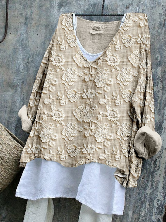 V Neck Floral Loose Casual T-Shirt