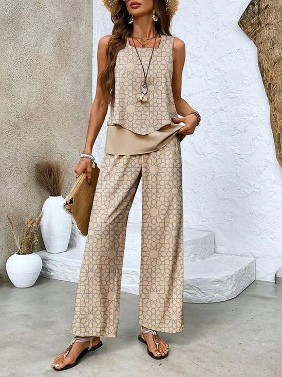 Fashionable geometric grid casual two-piece set
