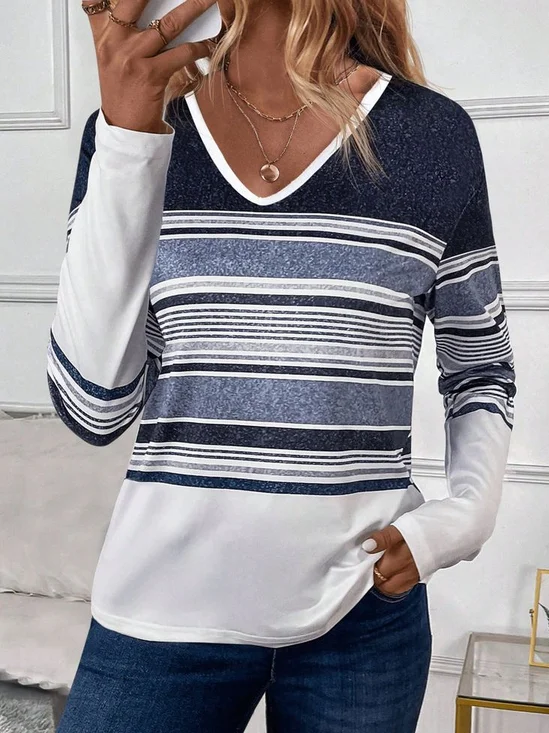 Print Casual V Neck Long Sleeve T-Shirt