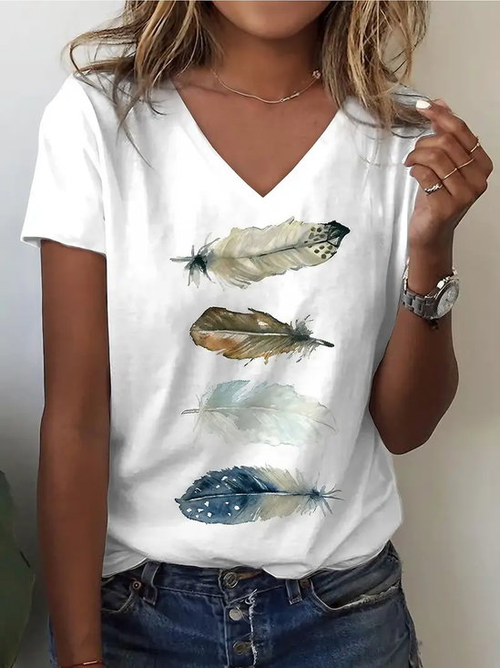 Women's Feather Print Casual V-Neck Short Sleeve T-Shirt