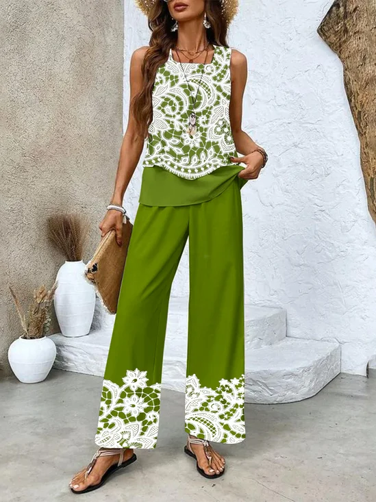 Fashionable lace floral splicing elegant casual two-piece set